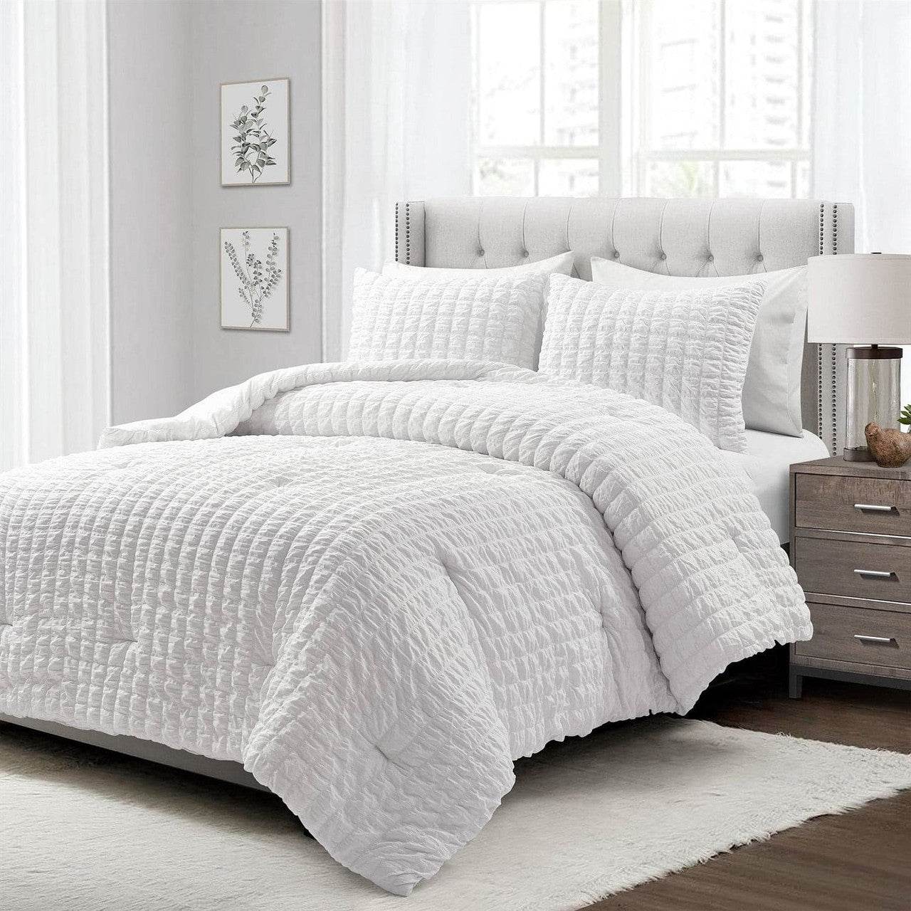 King Size Crinkled Textured 3 Piece Comforter Set White - Loft&Timber