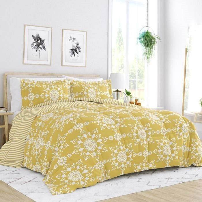 King Size 3 Piece Yellow Reversible Daisy Medallion Stripped Comforter Set - Loft&Timber