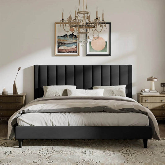 King size Black Velvet Upholstered Platform Bed Frame with Headboard - Loft&Timber