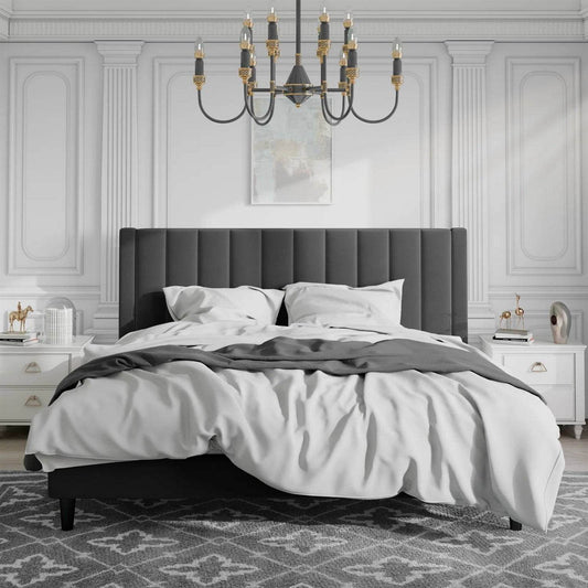 King size Black Velvet Upholstered Platform Bed Frame with Headboard - Loft&Timber