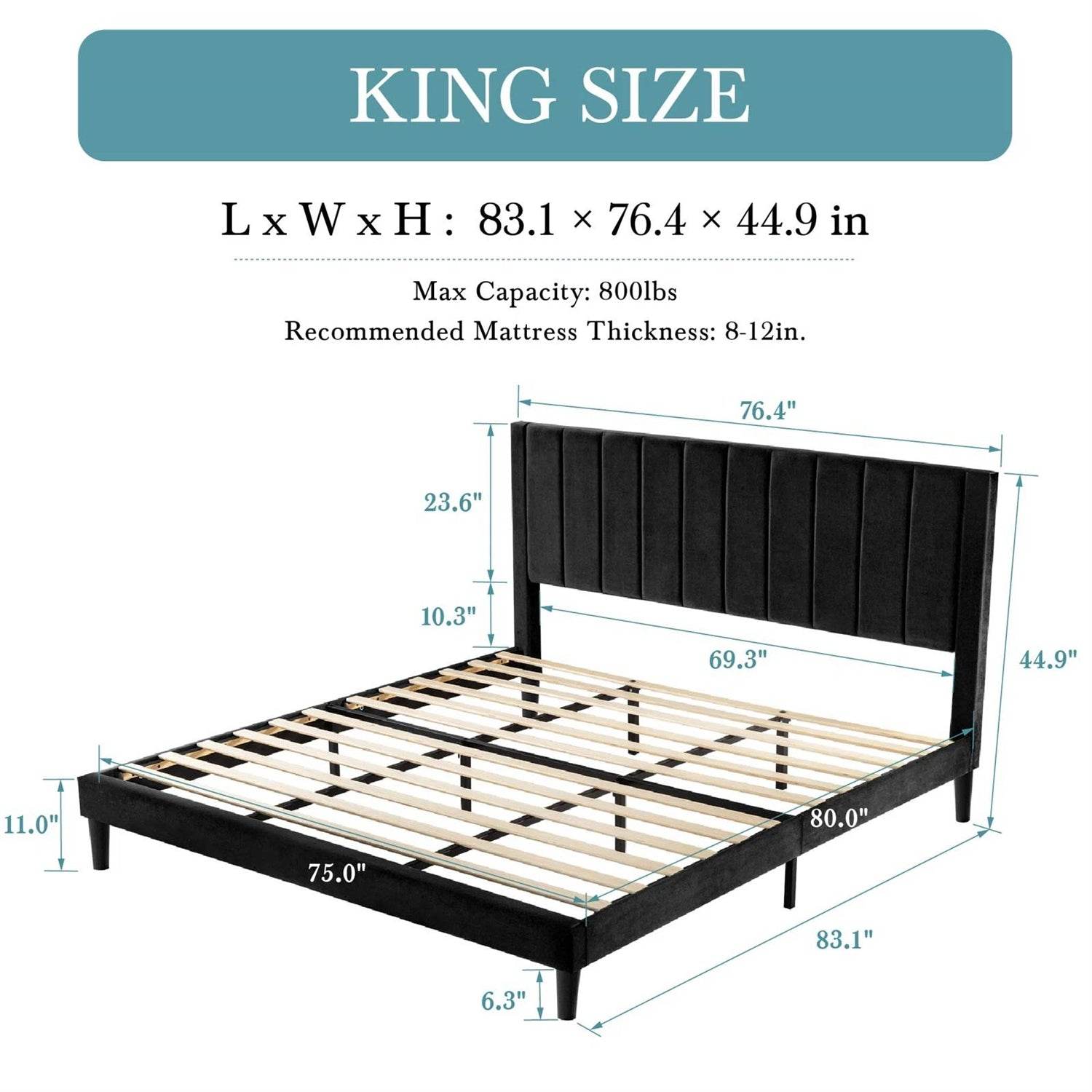 King size Modern Black Velvet Upholstered Platform Bed with Headboard - Loft&Timber