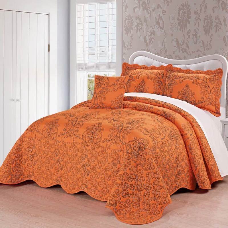 King size Orange Nectarine Damask Embroidered 4 Piece Oversized Bedspread Set - Loft&Timber