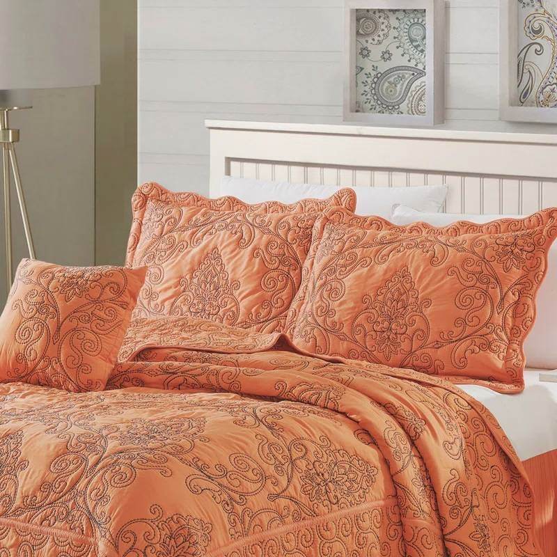 King size Orange Nectarine Damask Embroidered 4 Piece Oversized Bedspread Set - Loft&Timber