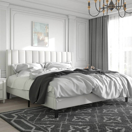 King size White Velvet Upholstered Platform Bed Frame with Headboard - Loft&Timber