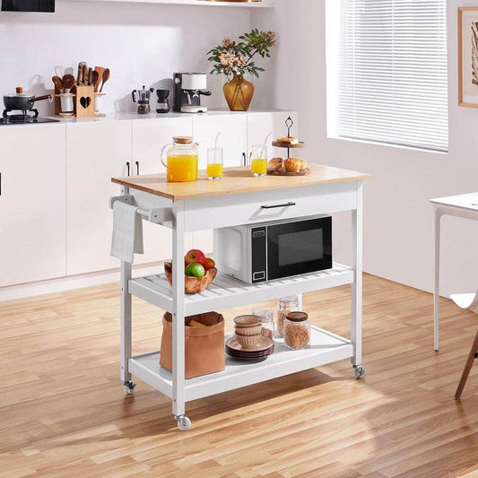 White Kitchen Island Cart with Drawer Storage Shelves and Locking Casters - Loft&Timber