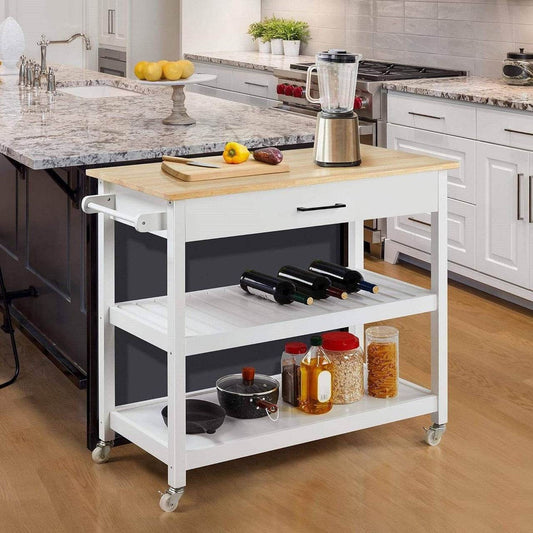 White Kitchen Island Cart with Drawer Storage Shelves and Locking Casters - Loft&Timber
