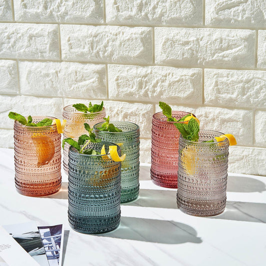 Beaded Highball Drinking Glasses | Set of 6 | Muted Color, Vintage Hobnail 14 OZ Muted Bubble Design Whiskey Glassware, Old-Fashioned, Embossed Design Glass for Water, Wine, Cocktail HAND WASH ONLY - Loft&Timber