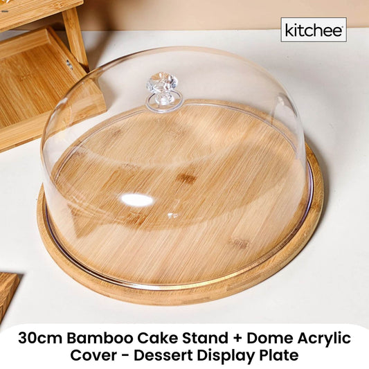 Kitchee 30cm Bamboo Cake Stand + Dome Acrylic Cover - Dessert Display Plate - Loft&Timber