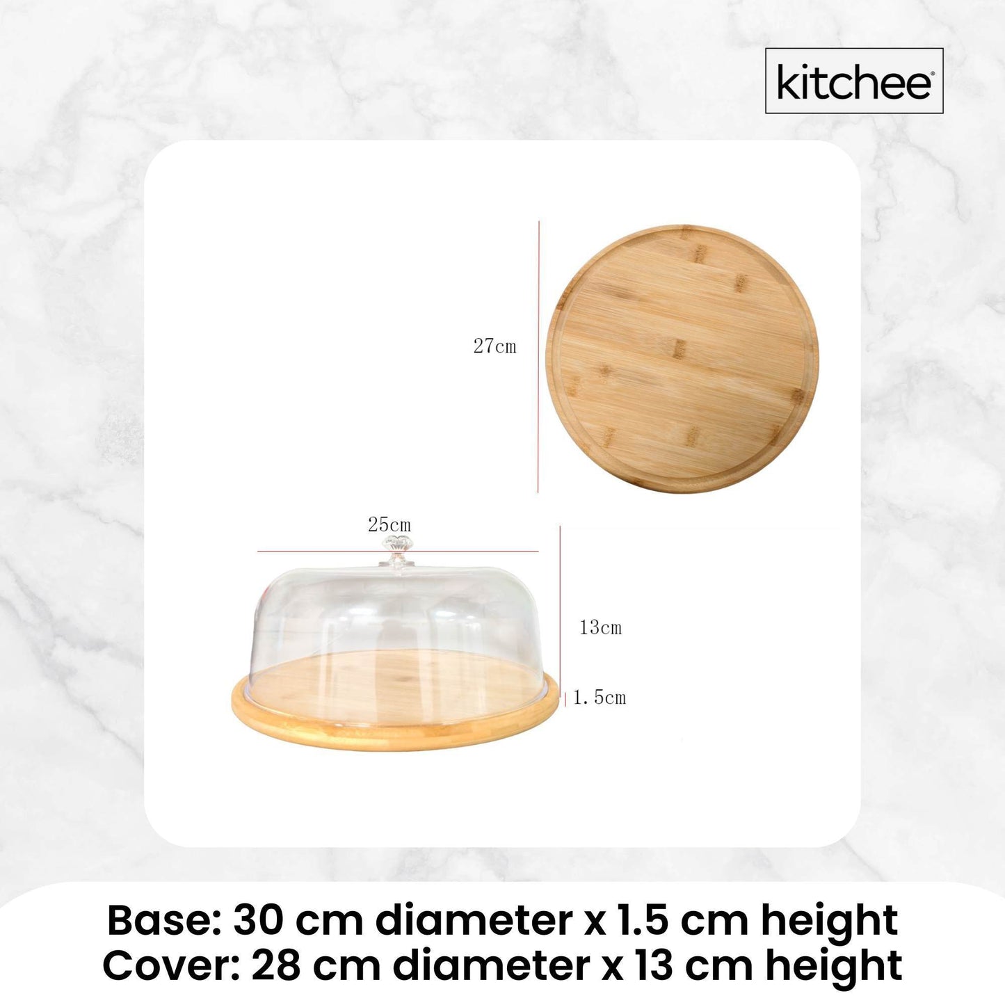 Kitchee 30cm Bamboo Cake Stand + Dome Acrylic Cover - Dessert Display Plate - Loft&Timber