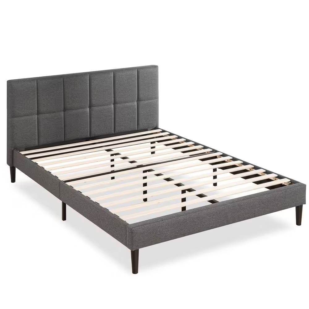 Queen size Grey Upholstered Platform Bed Frame with Padded Headboard - Loft&Timber