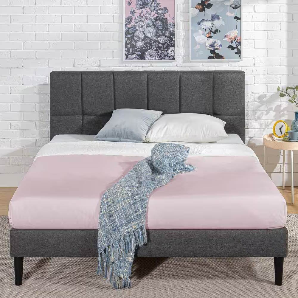 Queen size Grey Upholstered Platform Bed Frame with Padded Headboard - Loft&Timber