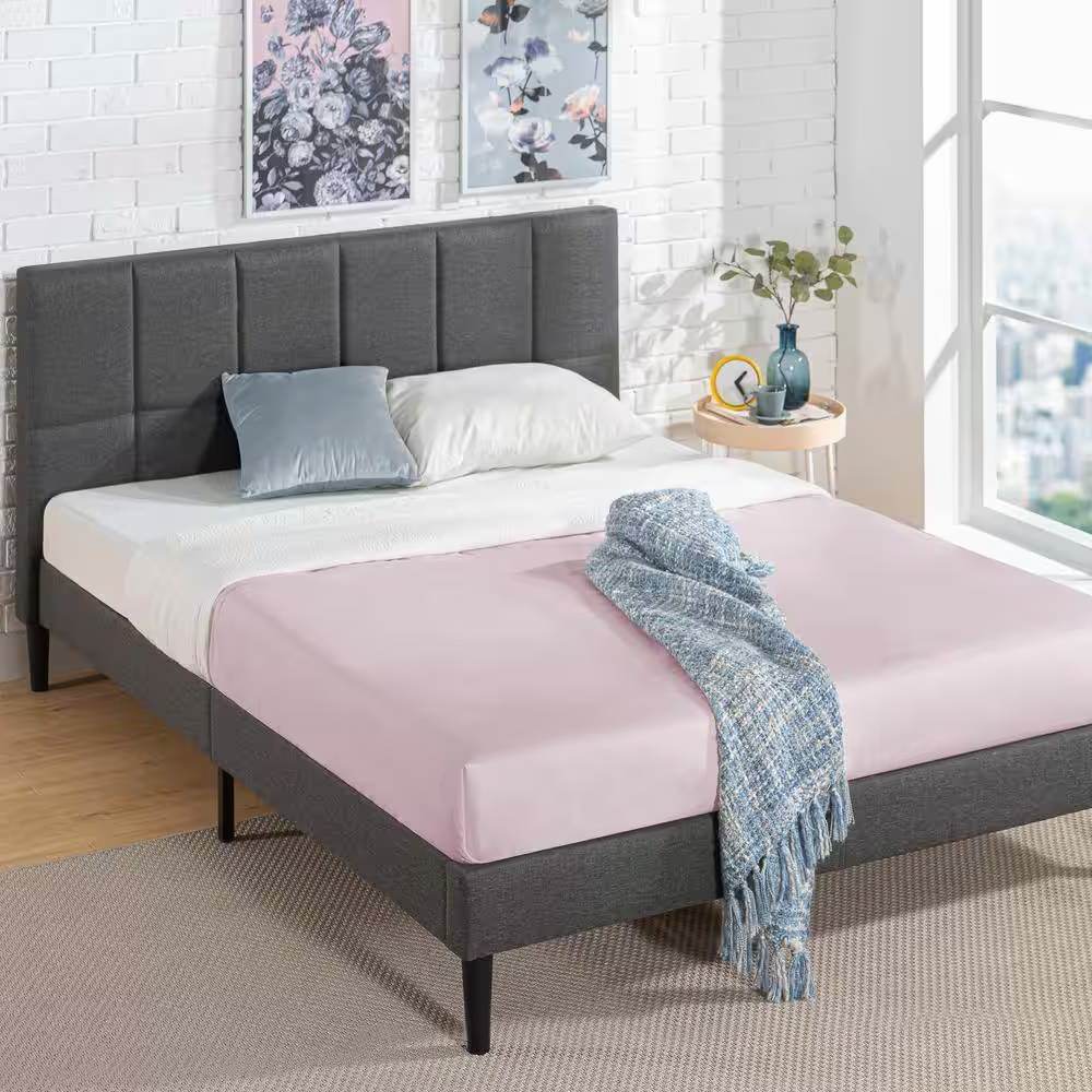 Queen size Grey Upholstered Platform Bed Frame with Padded Headboard - Loft&Timber
