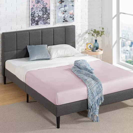 Queen size Grey Upholstered Platform Bed Frame with Padded Headboard - Loft&Timber
