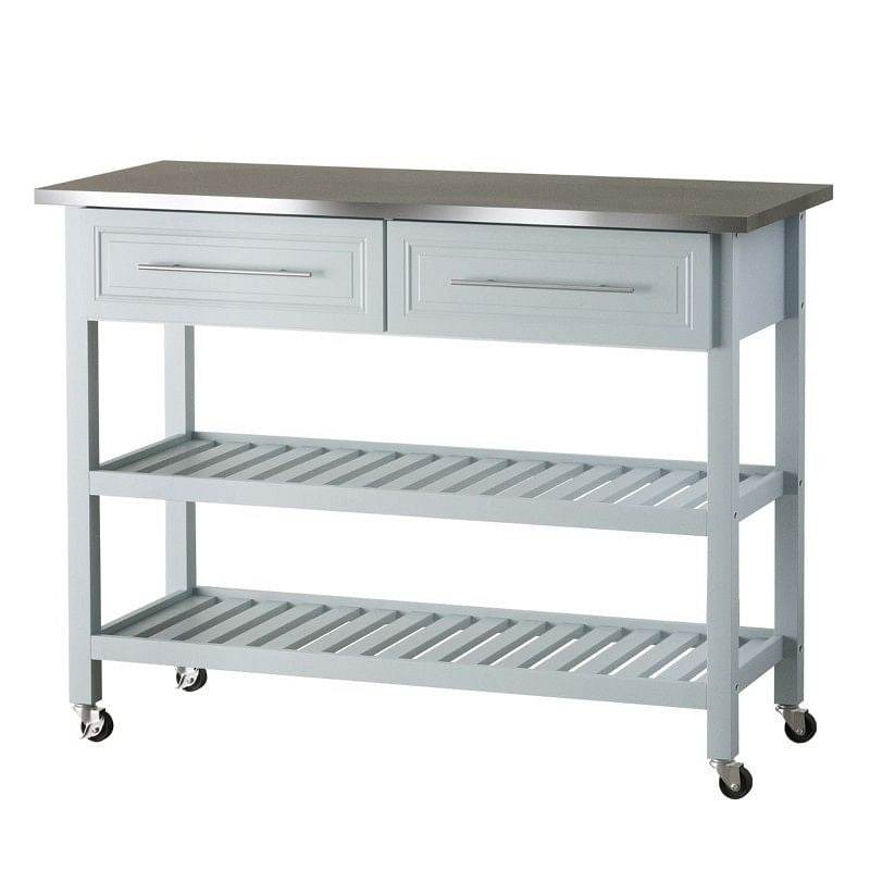 Light Gray Rolling Kitchen Island 2 Drawers Storage with Stainless Steel Top - Loft&Timber