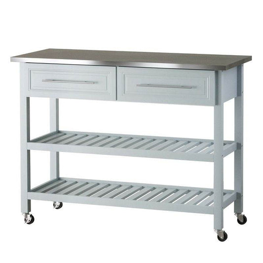 Light Gray Rolling Kitchen Island 2 Drawers Storage with Stainless Steel Top - Loft&Timber