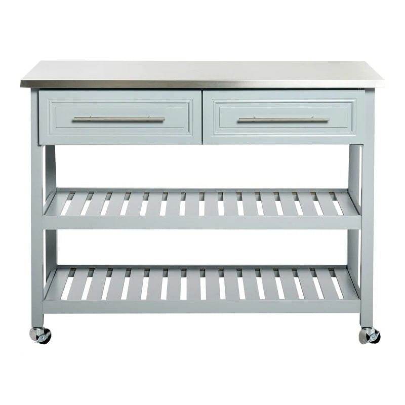 Light Gray Rolling Kitchen Island 2 Drawers Storage with Stainless Steel Top - Loft&Timber