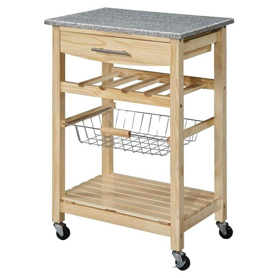 Natural Wood Finish Kitchen Island Cart with Granite Top - Loft&Timber