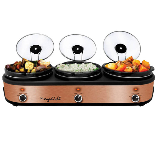MegaChef Triple 2.5 Quart Slow Cooker and Buffet Server in Brushed Copper and Black Finish with 3 C - Loft&Timber
