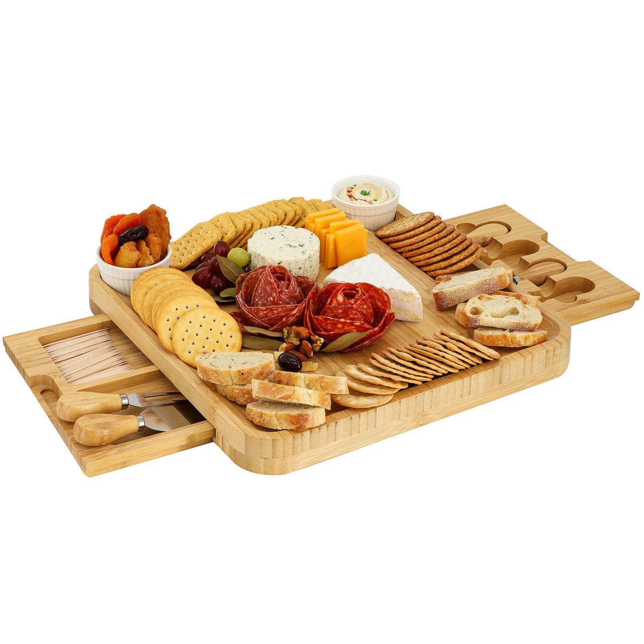 MegaChef Bamboo Charcuterie Cheese Board Set with Ramekins and Slide Out Cutlery Drawer - Loft&Timber