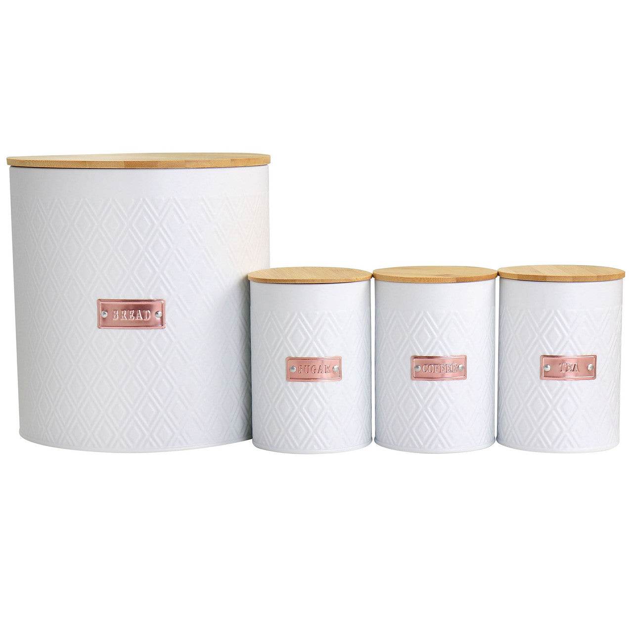 MegaChef Kitchen Food Storage and Organization 4 Piece Argyle Canister Set in White with Bamboo Lids - Loft&Timber