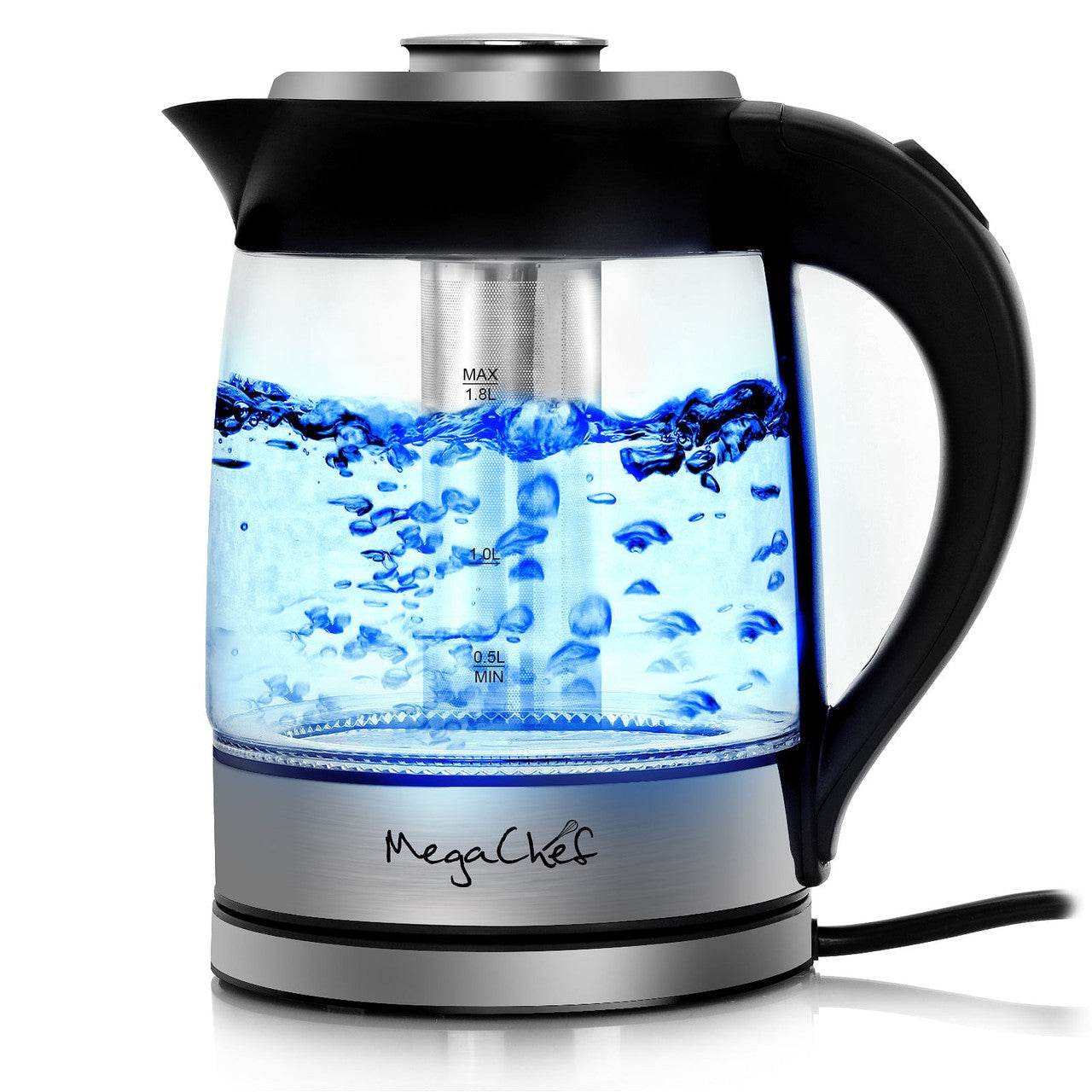 MegaChef 1.9 Quart Cordless Glass and Stainless Steel Electric Tea Kettle with Tea Infuser - Loft&Timber