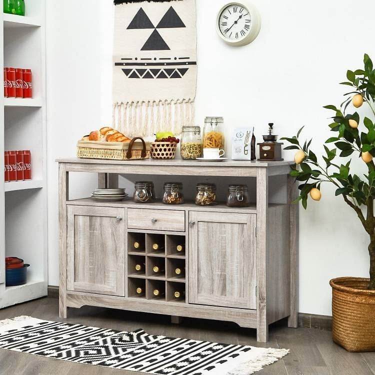 Grey Wood Sideboard Buffet Server Cabinet with Wine Rack and Storage Shelf - Loft&Timber