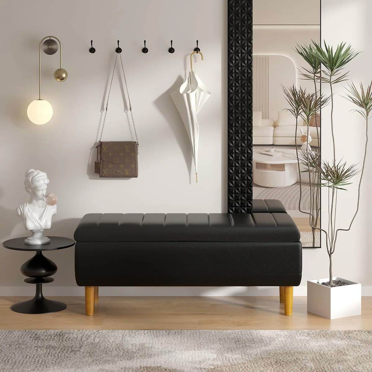 Modern Mid-Century Black Faux Leather End of Bed Storage Bench Ottoman - Loft&Timber
