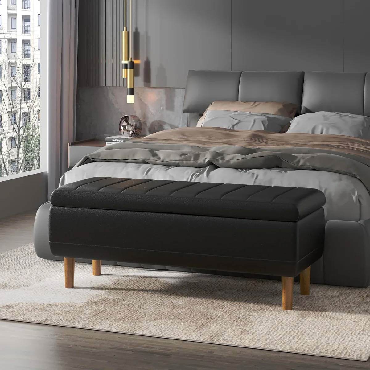 Modern Mid-Century Black Faux Leather End of Bed Storage Bench Ottoman - Loft&Timber