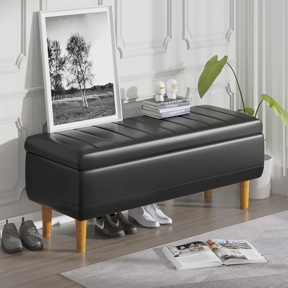 Modern Mid-Century Black Faux Leather End of Bed Storage Bench Ottoman - Loft&Timber