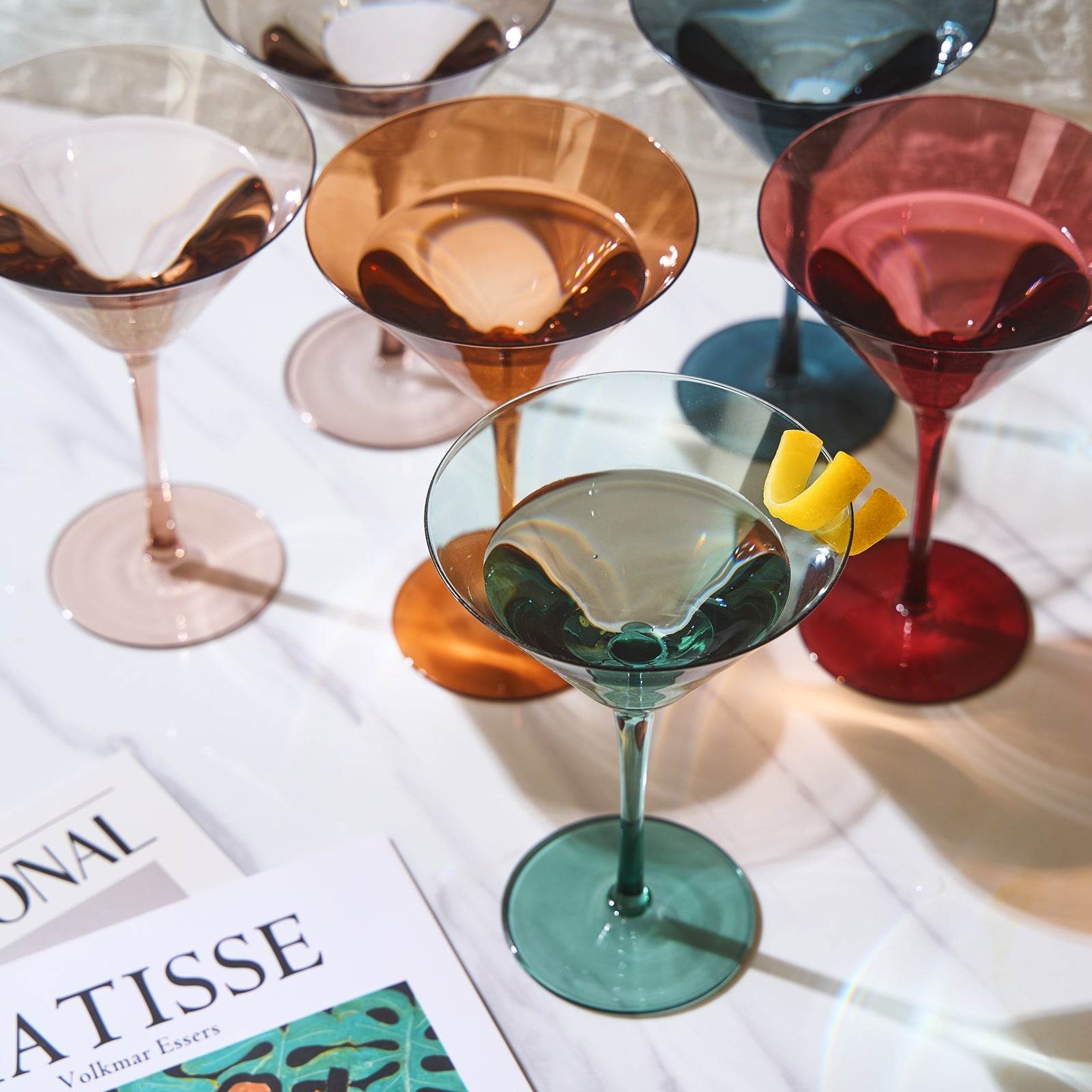 Colored Crystal Martini & Cocktail Glass Set of 6, Gift For Her, Wife, Mom Friend - Large 10 oz Glasses, Unique Italian Style Tall Drinkware - Drinkware, Dinner, Color Beautiful Glassware - (Pastel) - Loft&Timber