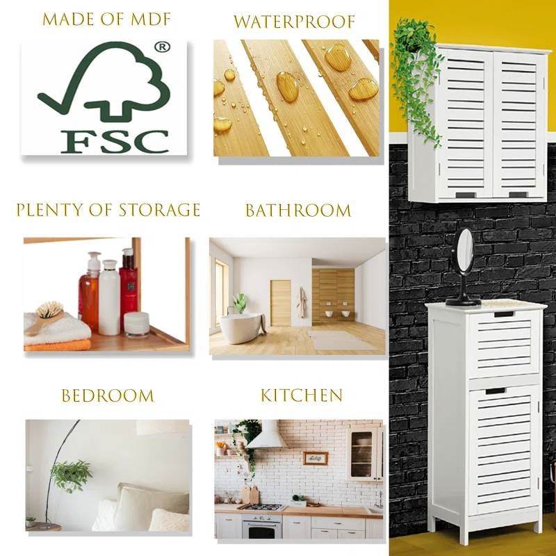 Wall-Mount Bathroom Storage Cabinet with Louver Doors in White Wood Finish - Loft&Timber