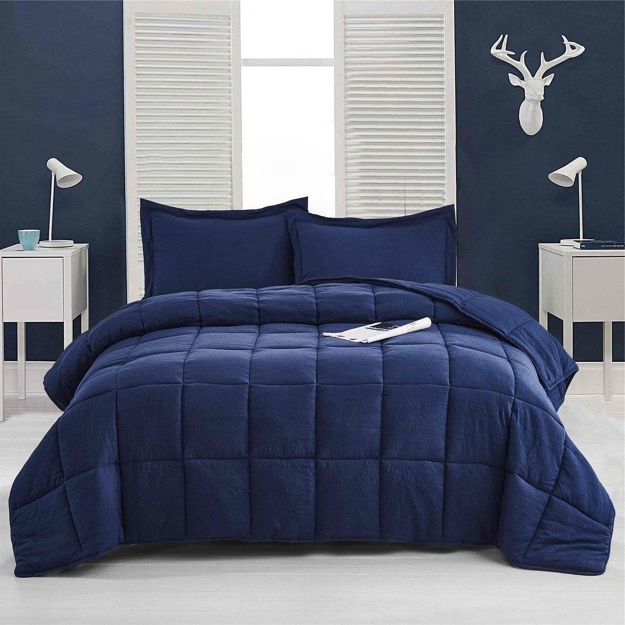 King Size Navy 3 Piece Microfiber Reversible Comforter Set - Loft&Timber