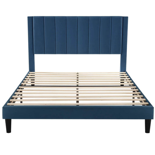 Full size Modern Navy Blue Velvet Upholstered Platform Bed with Headboard - Loft&Timber