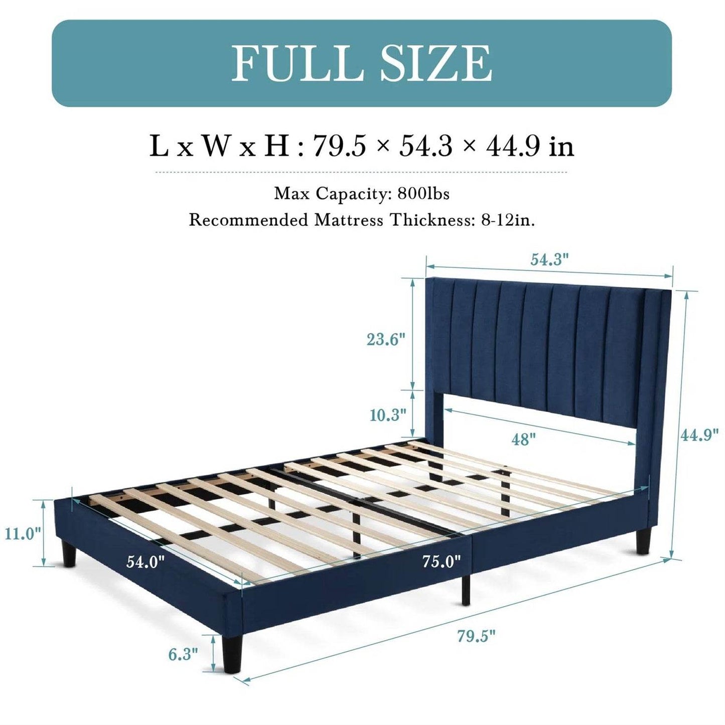 Full size Modern Navy Blue Velvet Upholstered Platform Bed with Headboard - Loft&Timber