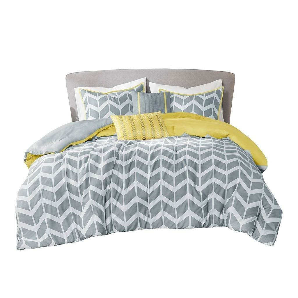 King / Cal King Reversible Comforter Set in Grey White Yellow Chevron Stripe - Loft&Timber