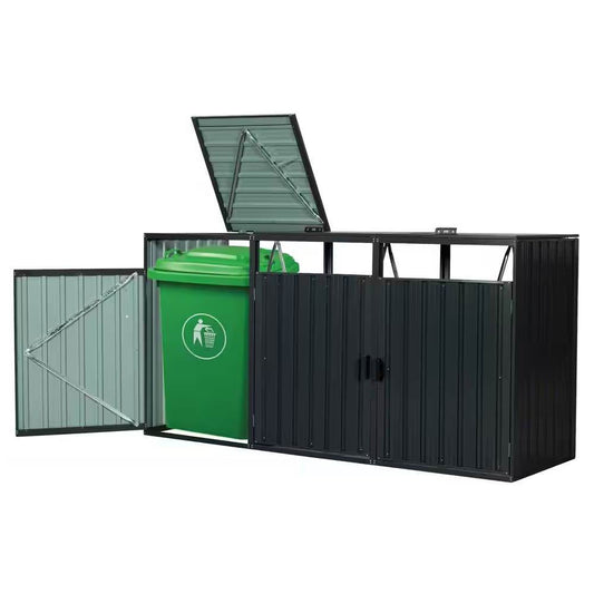 Outdoor Black Galvanized Steel Garbage Bin Storage Shed - Holds 3 Trash Cans - Loft&Timber
