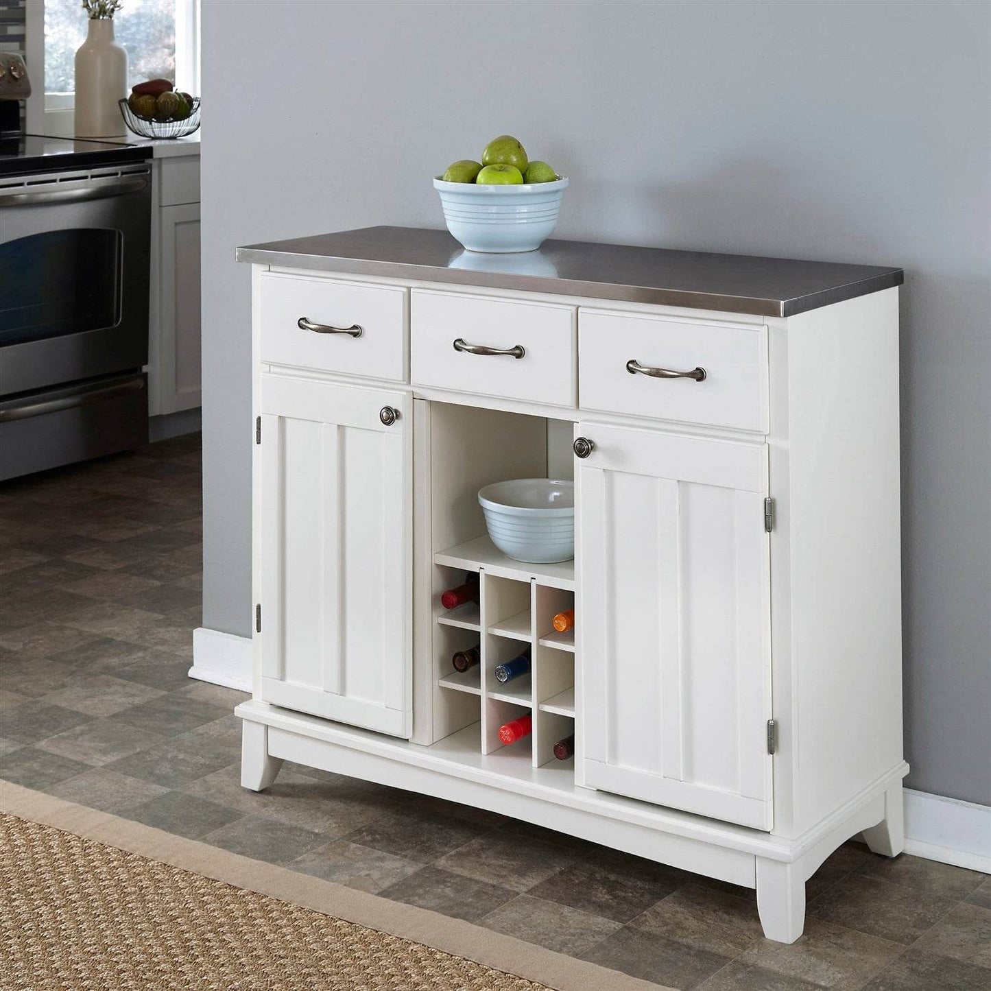 Stainless Steel Top Kitchen Island Sideboard Cabinet Wine Rack in White - Loft&Timber