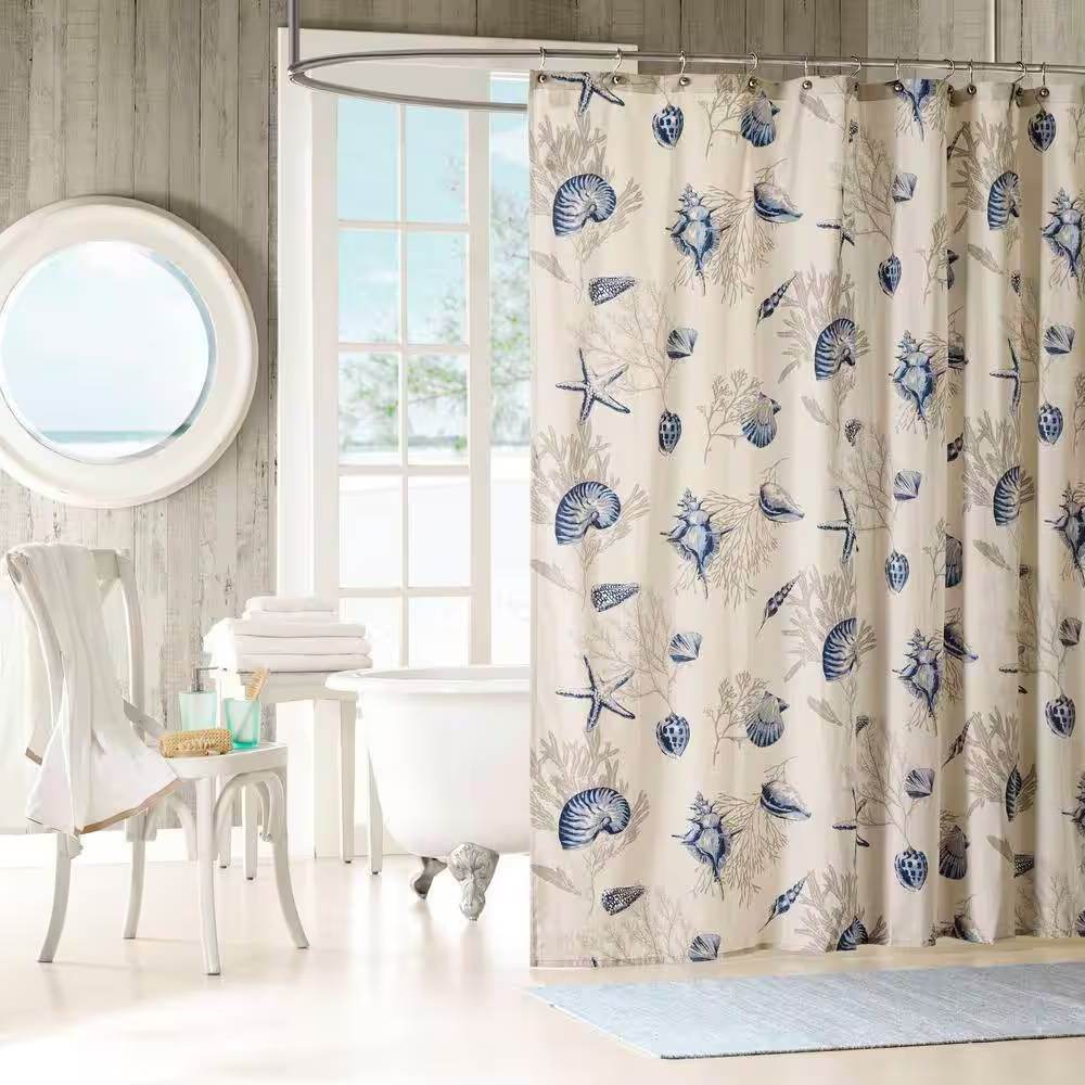 72-in Khaki Beige Cotton Shower Curtain Navy Blue Seashells Coral Coastal Beach - Loft&Timber