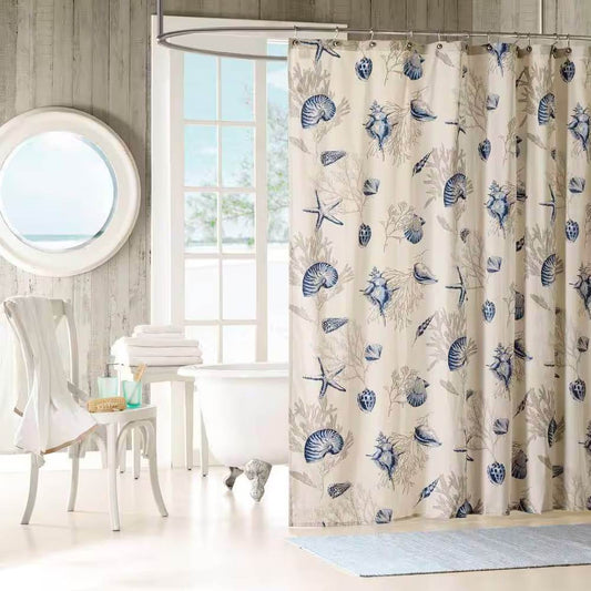 72-in Khaki Beige Cotton Shower Curtain Navy Blue Seashells Coral Coastal Beach - Loft&Timber