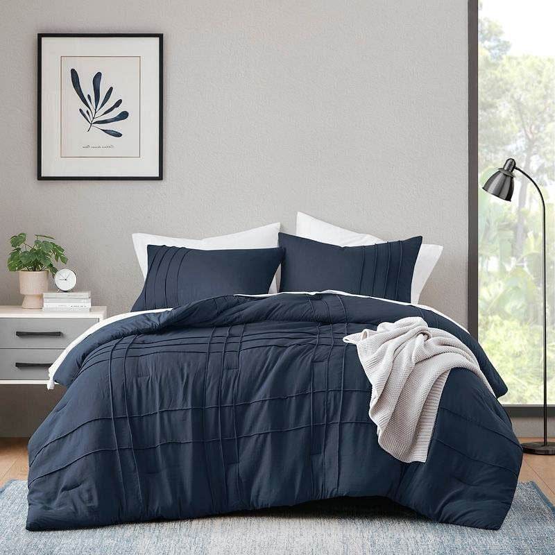 Full/Queen Microfiber Pleated Bohemian style Pre-Washed Comforter Set in Navy - Loft&Timber