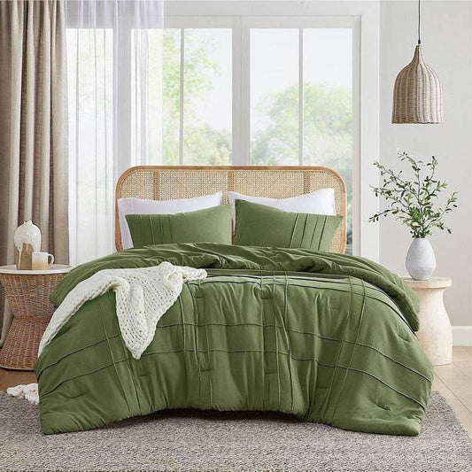 Queen size Microfiber Pleated Soft Lightweight Comforter Set in Olive Green - Loft&Timber