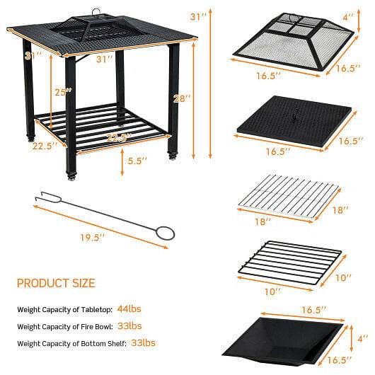31 Inch Outdoor Fire Pit Dining Table with Cooking BBQ Grate - Loft&Timber