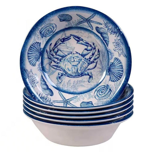 6-Piece Dinner Bowl Set with Blue White Ocean Sea Shells Crab Starfish Pattern - Loft&Timber