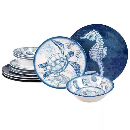 12-Piece Sea Shells Ocean Theme Dinnerware Set in Blue and White - Service for 4 - Loft&Timber