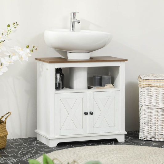 Space-Saving Under Sink Bathroom Vanity Unit with Double Doors - White - Loft&Timber