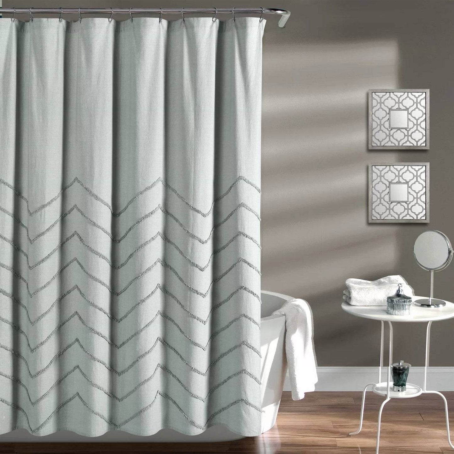 72-inch Pastel Blue Chenille Cotton Shower Curtain with Chevron Pattern - Loft&Timber