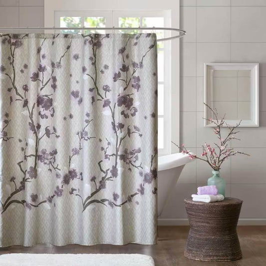 72 x 72 in Cotton Shower Curtain with Purple Grey Beige Floral Blossom Pattern - Loft&Timber