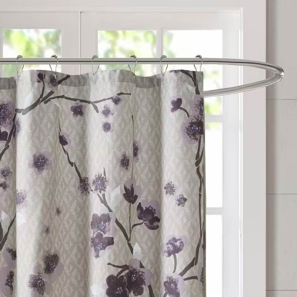 72 x 72 in Cotton Shower Curtain with Purple Grey Beige Floral Blossom Pattern - Loft&Timber