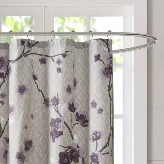 72 x 72 in Cotton Shower Curtain with Purple Grey Beige Floral Blossom Pattern - Loft&Timber