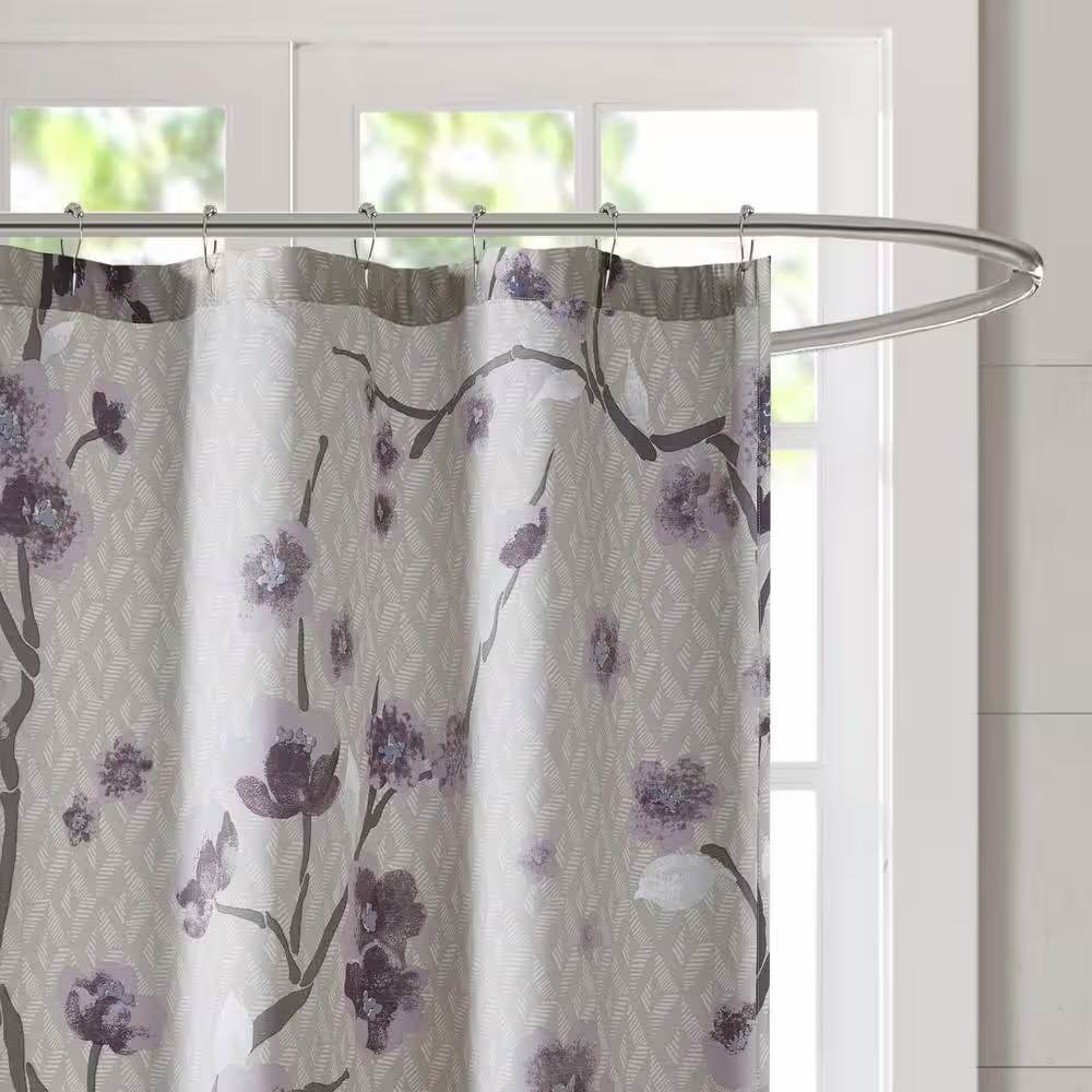 72 x 72 in Cotton Shower Curtain with Purple Grey Beige Floral Blossom Pattern - Loft&Timber